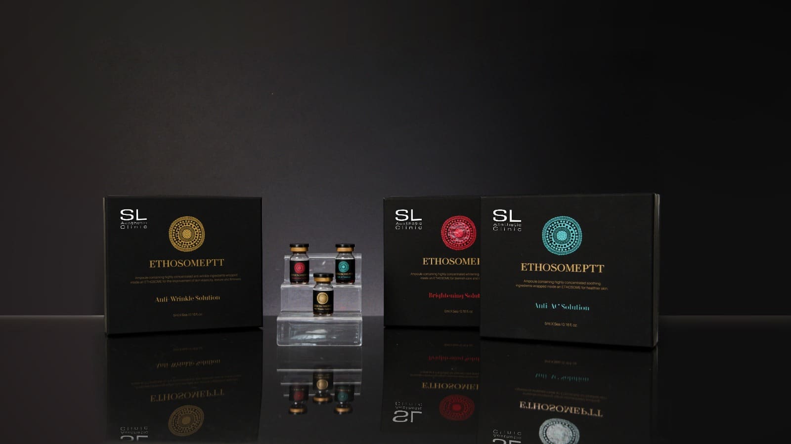 3rd Generation Ethosome Gold PTT skincare product line: an image featuring three products - Anti-Wrinkle Solution, Brightening Solution, and Anti-Acne Solution - formulated with 3rd Generation Ethosome Gold PTT technology for enhanced efficacy, deep skin penetration, and targeted results.