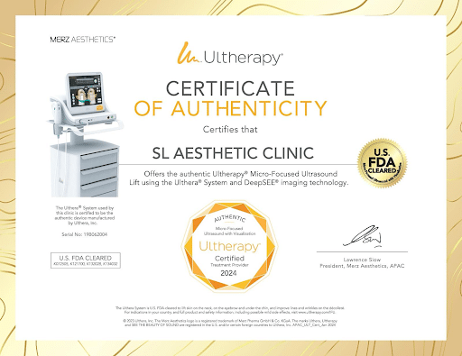 Ultherapy Certificate of Authenticity for SL Aesthetic Clinic