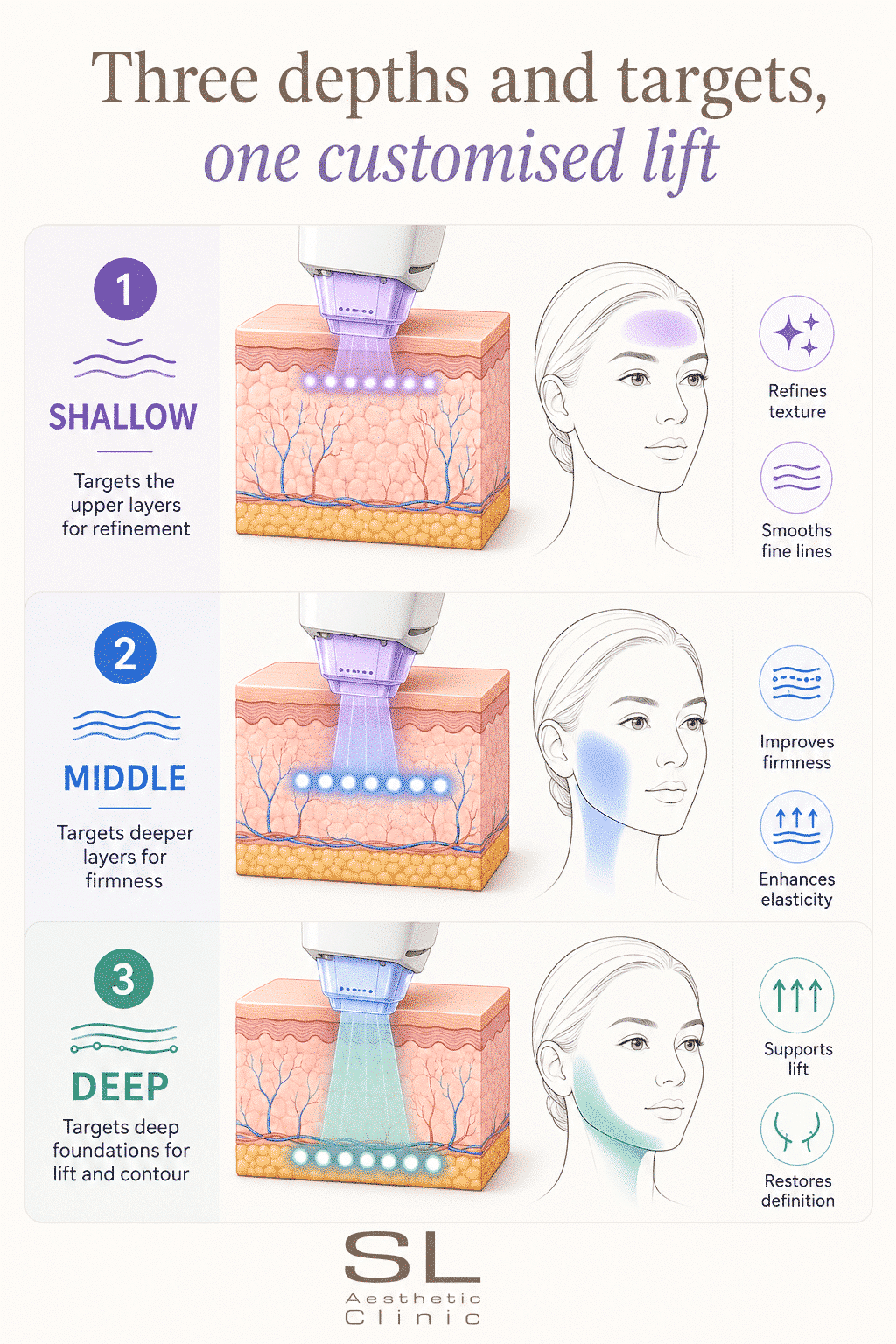 SL Aesthetic Clinic Illustration of Three Adjustable Depths in Face