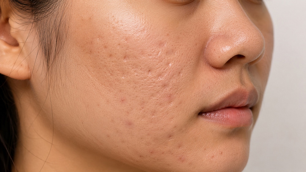 Acne scars and uneven skin texture on the face