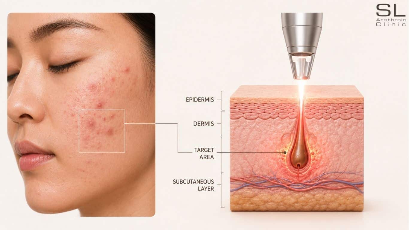 An illustration of how does laser acne treatment works for stubborn active acne in Face