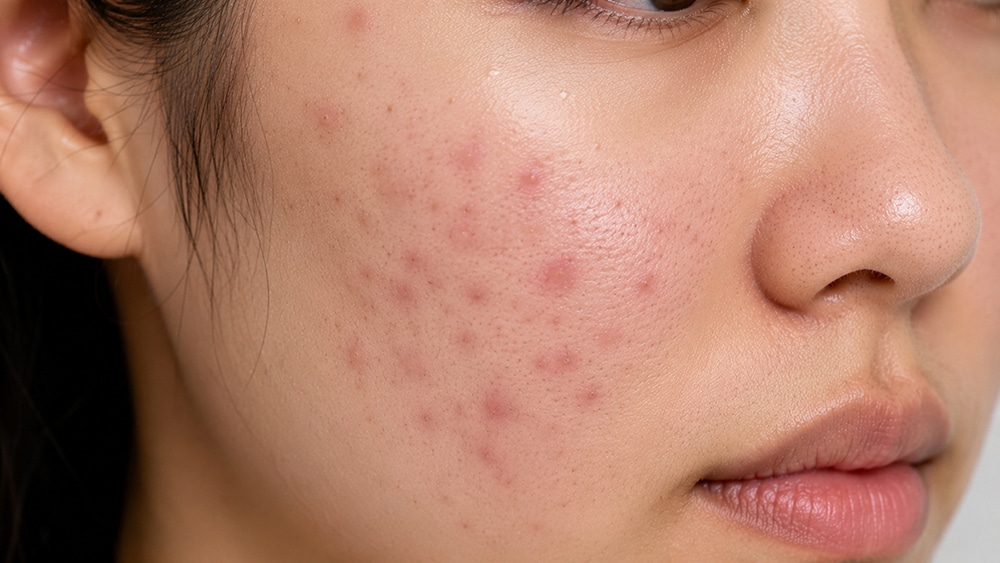 Inflammatory acne with red, swollen blemishes on the face
