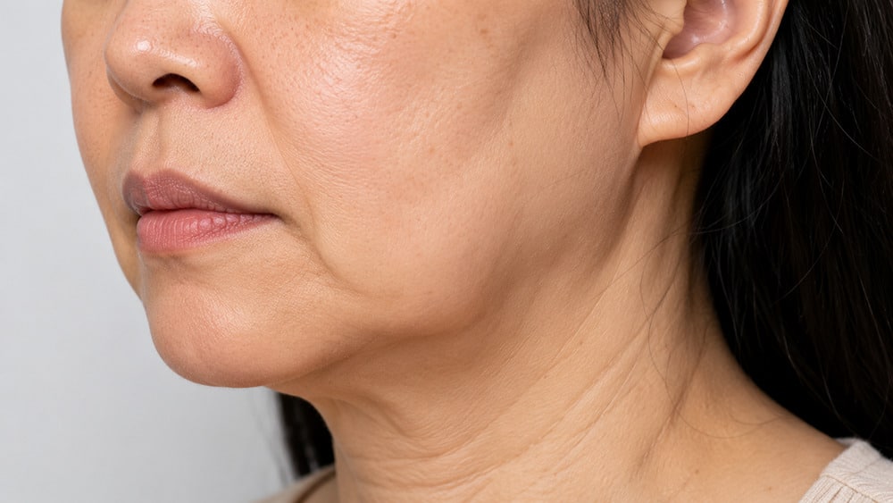 Loose and sagging skin around the cheeks, jawline and neck