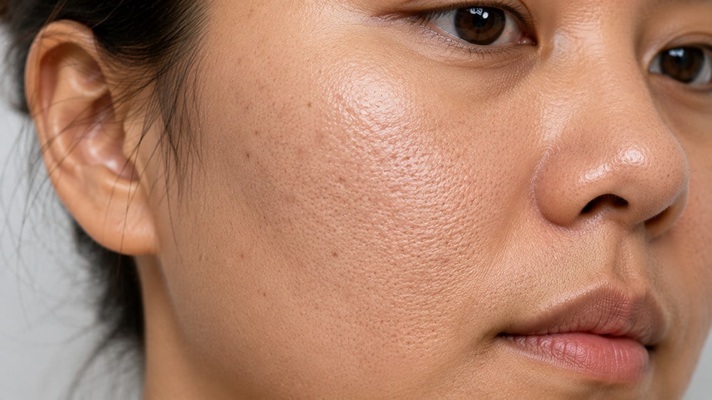 Rough skin texture and enlarged facial pores