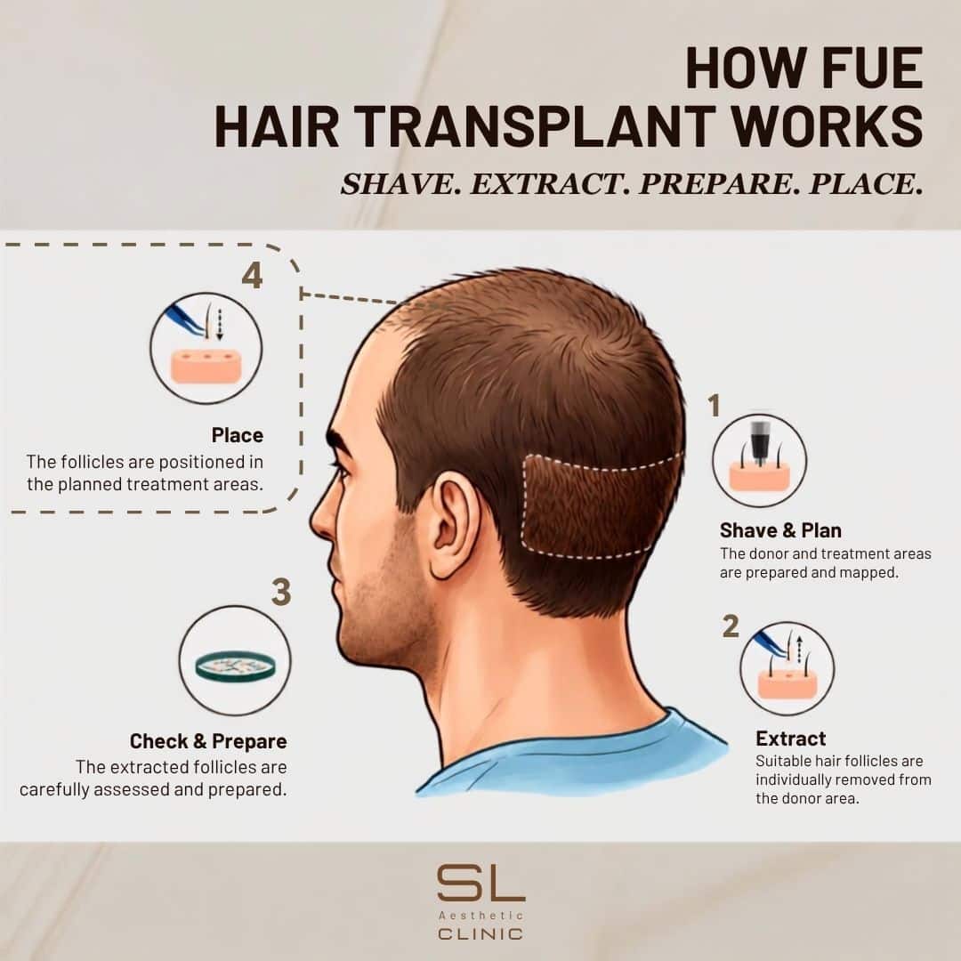 UE hair transplant infographic showing individual hair follicle extraction from the donor area, preparation, and implantation into areas of hair loss.