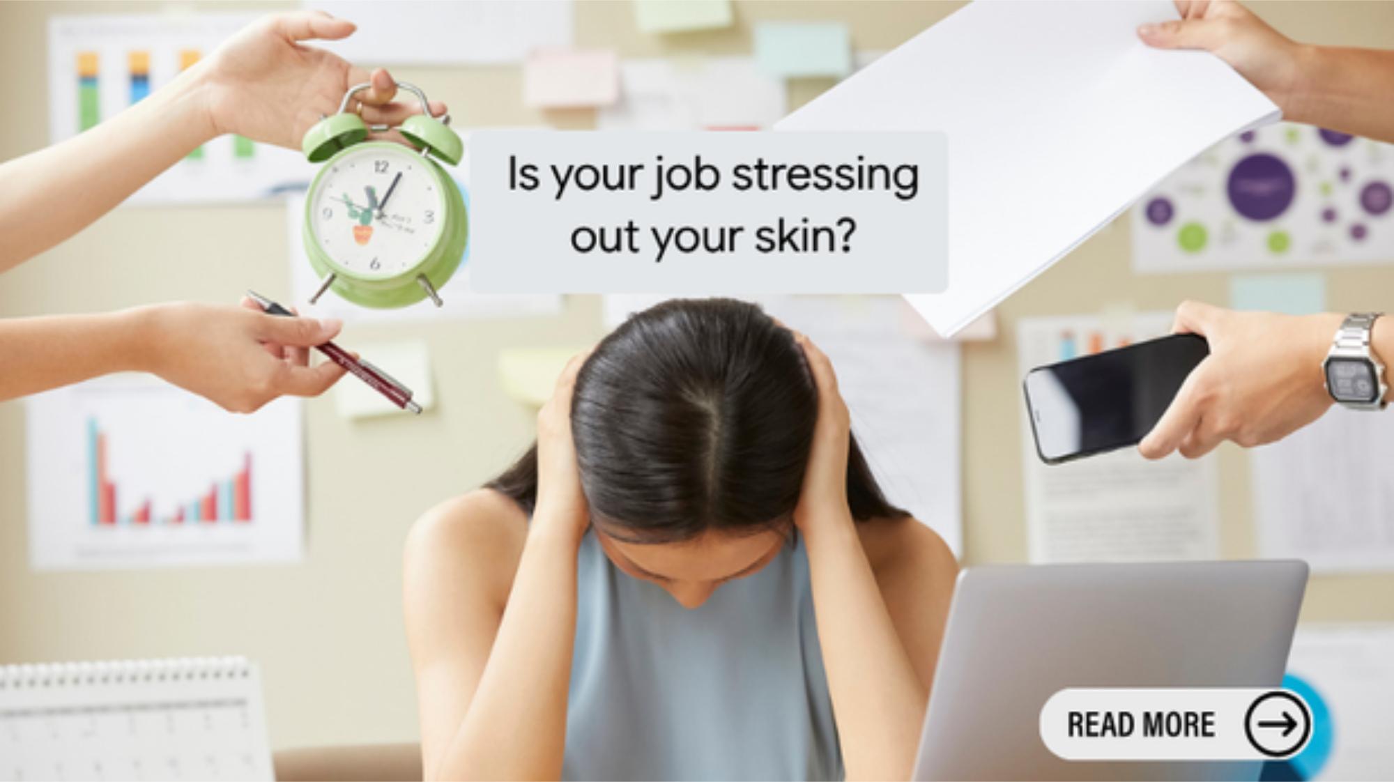 Woman at a desk covering her ears while colleagues thrust a clock, phone and documents at her